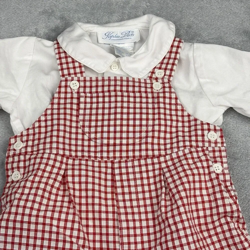 Vintage Sophie Dess Baby Boy  2 pc Romper 18M Red Check White Shirt Classic